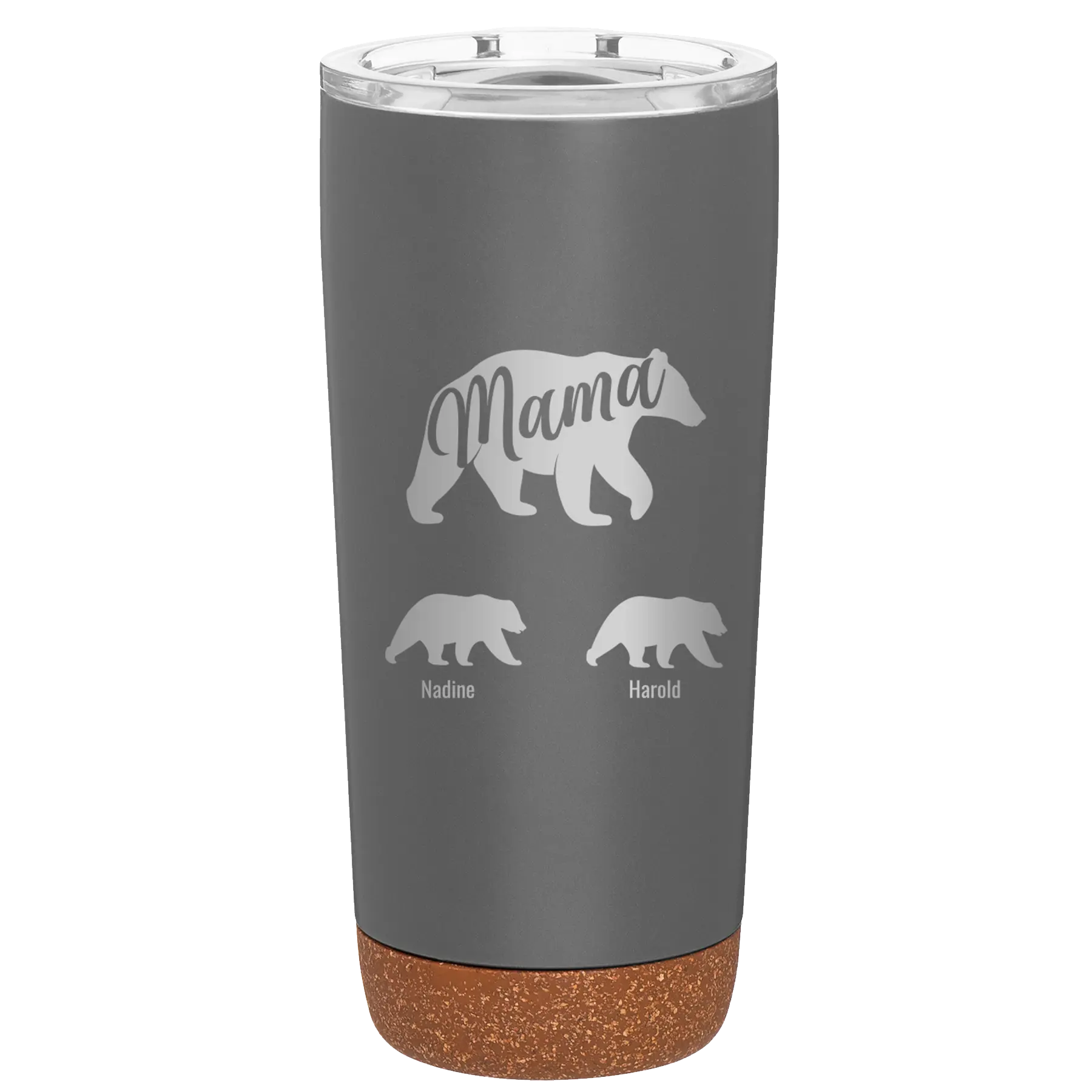 Personalized storm gray 20 oz vacuum insulated tumbler with 'Mama Bear 2 Baby Bears' design