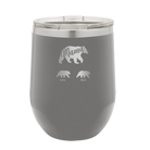 Personalized dark gray 12 oz vacuum insulated wine cup with 'Mama Bear 2 Baby Bears' design