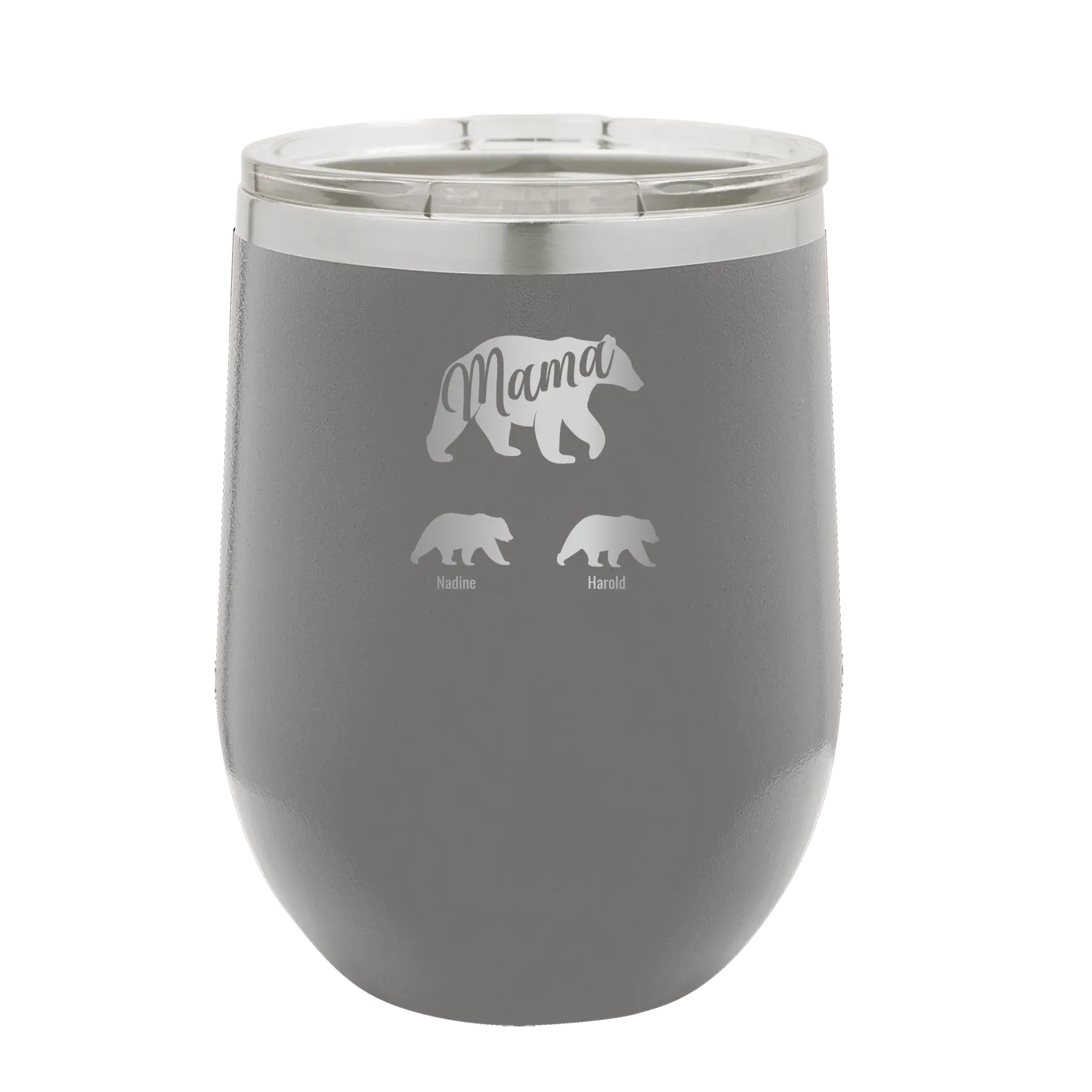 Personalized dark gray 12 oz vacuum insulated wine cup with 'Mama Bear 2 Baby Bears' design