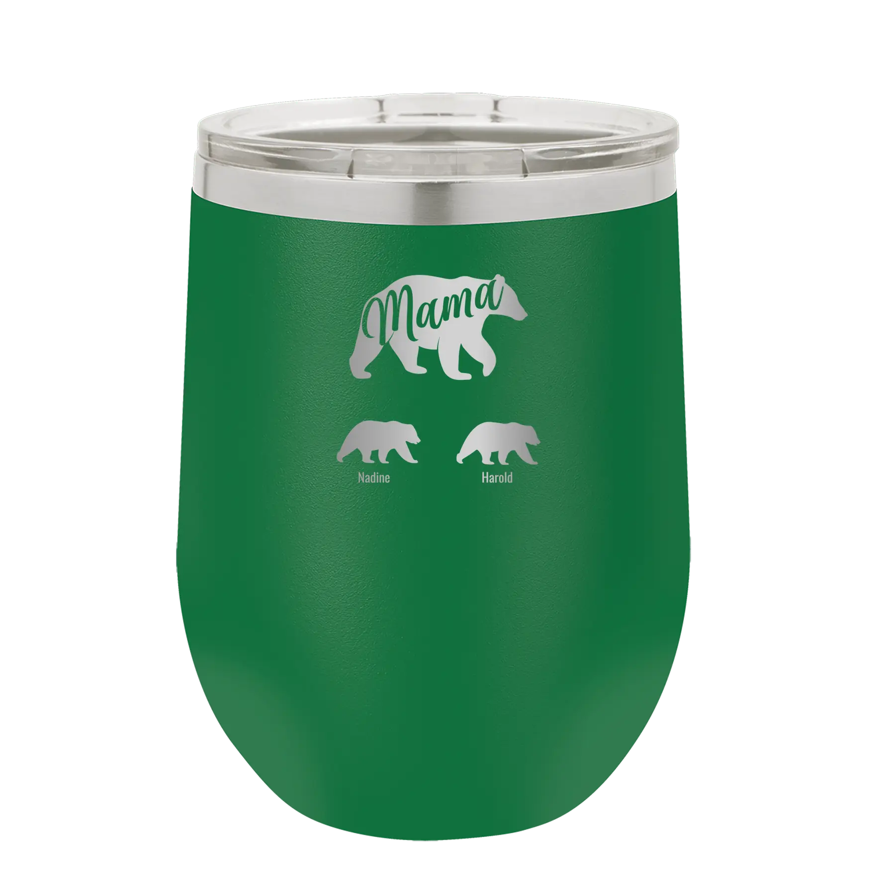 Personalized green 12 oz vacuum insulated wine cup with 'Mama Bear 2 Baby Bears' design