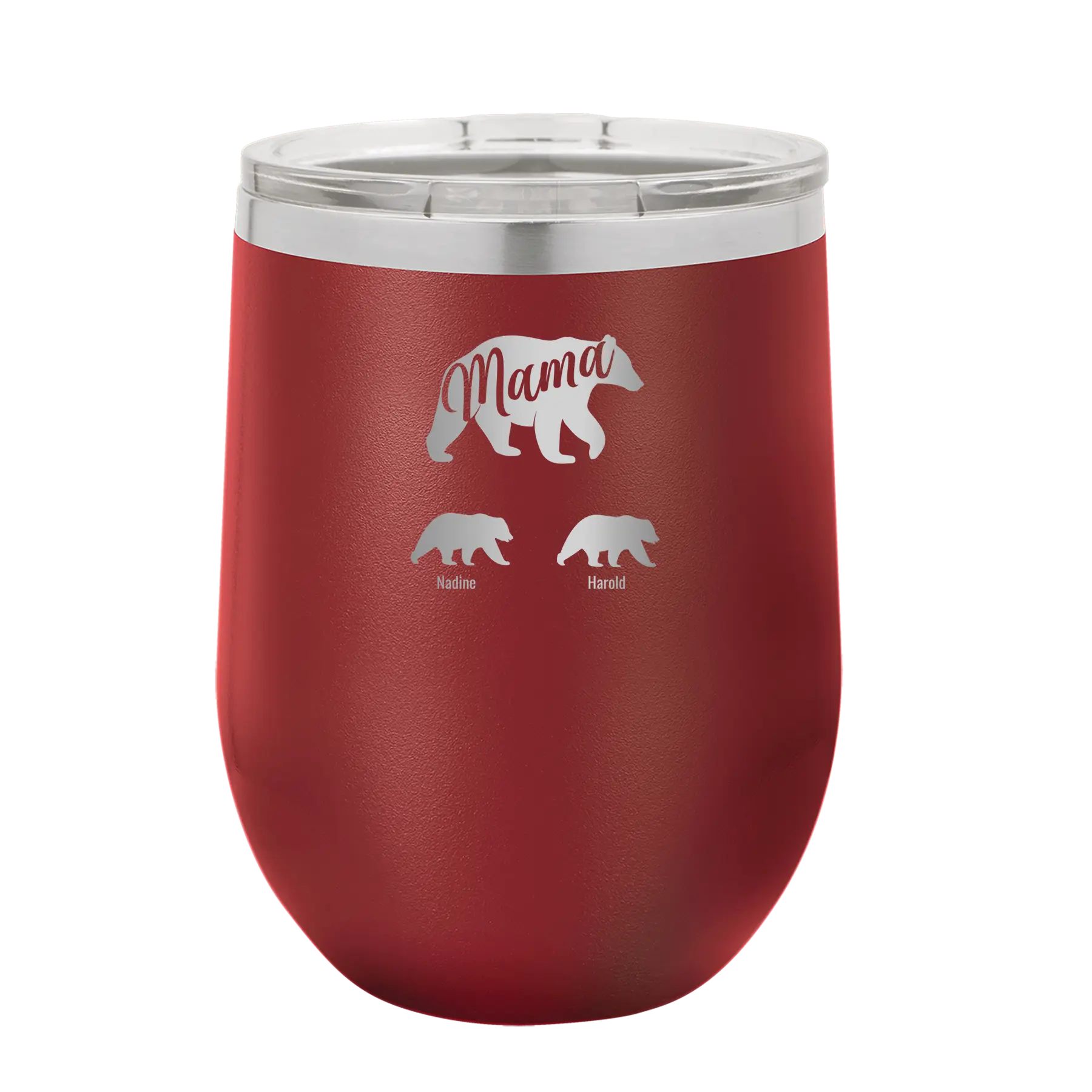 Personalized maroon 12 oz vacuum insulated wine cup with 'Mama Bear 2 Baby Bears' design