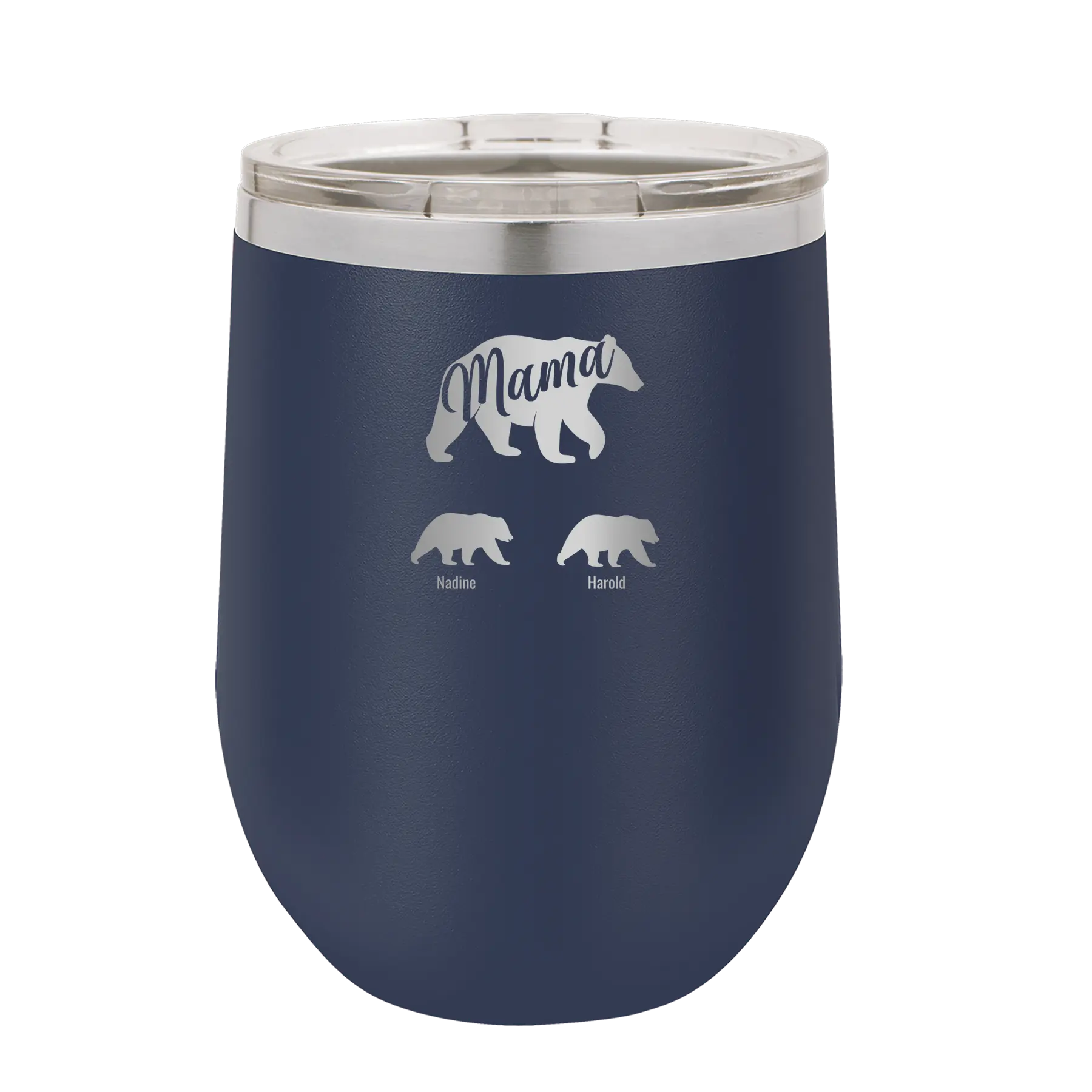 Personalized navy 12 oz vacuum insulated wine cup with 'Mama Bear 2 Baby Bears' design
