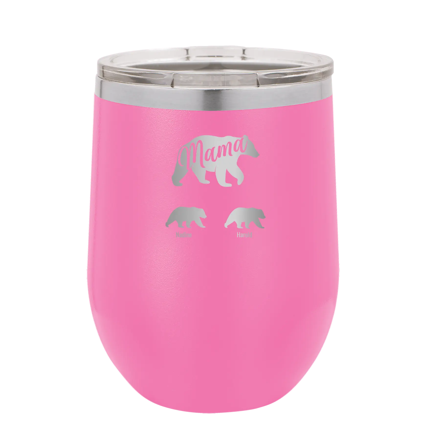 Personalized pink 12 oz vacuum insulated wine cup with 'Mama Bear 2 Baby Bears' design