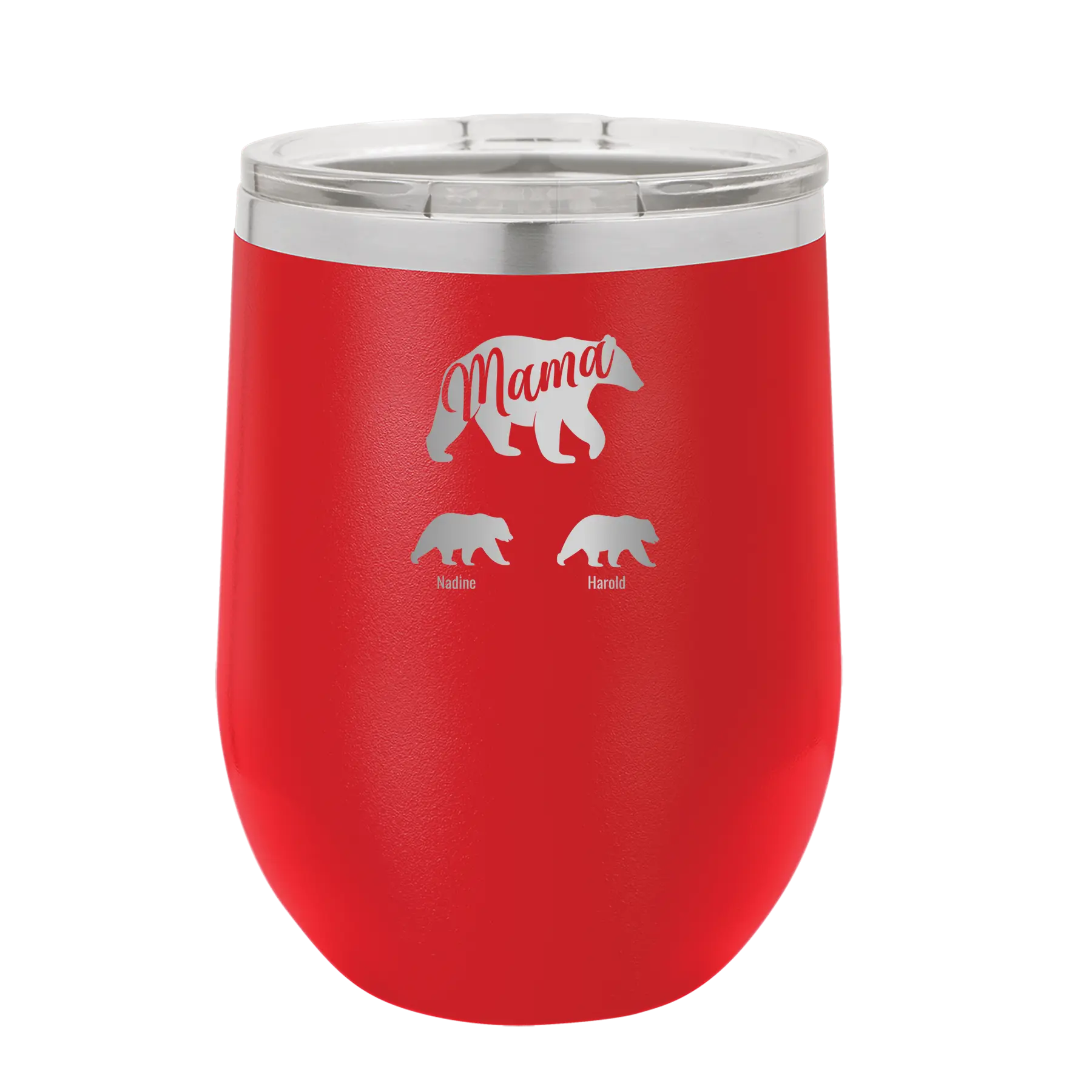 Personalized red 12 oz vacuum insulated wine cup with 'Mama Bear 2 Baby Bears' design