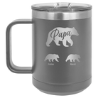 Personalized dark gray 15 oz vacuum insulated coffee mug with 'Papa Bear 2 Baby Bears' design