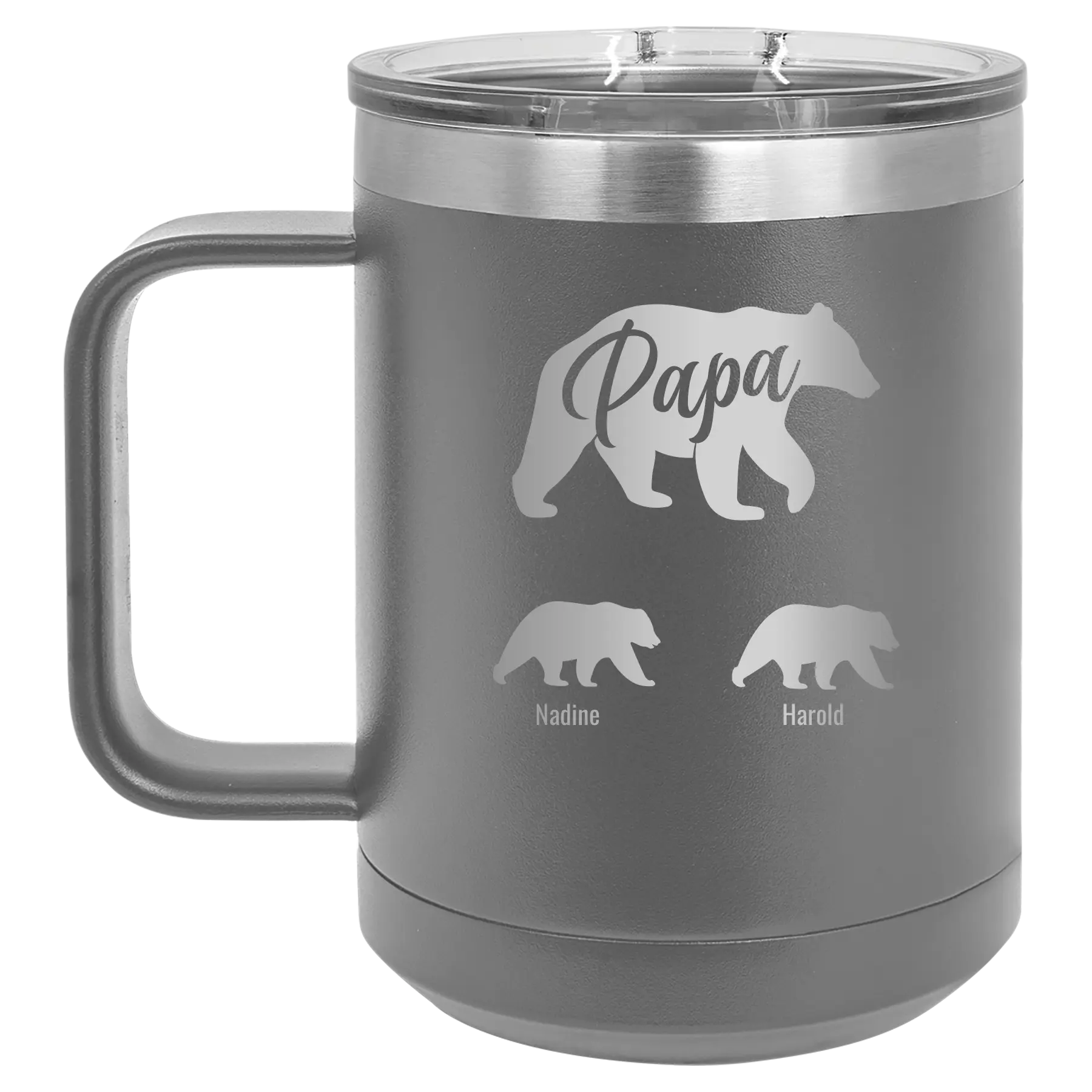Personalized dark gray 15 oz vacuum insulated coffee mug with 'Papa Bear 2 Baby Bears' design