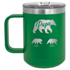 Personalized green 15 oz vacuum insulated coffee mug with 'Papa Bear 2 Baby Bears' design