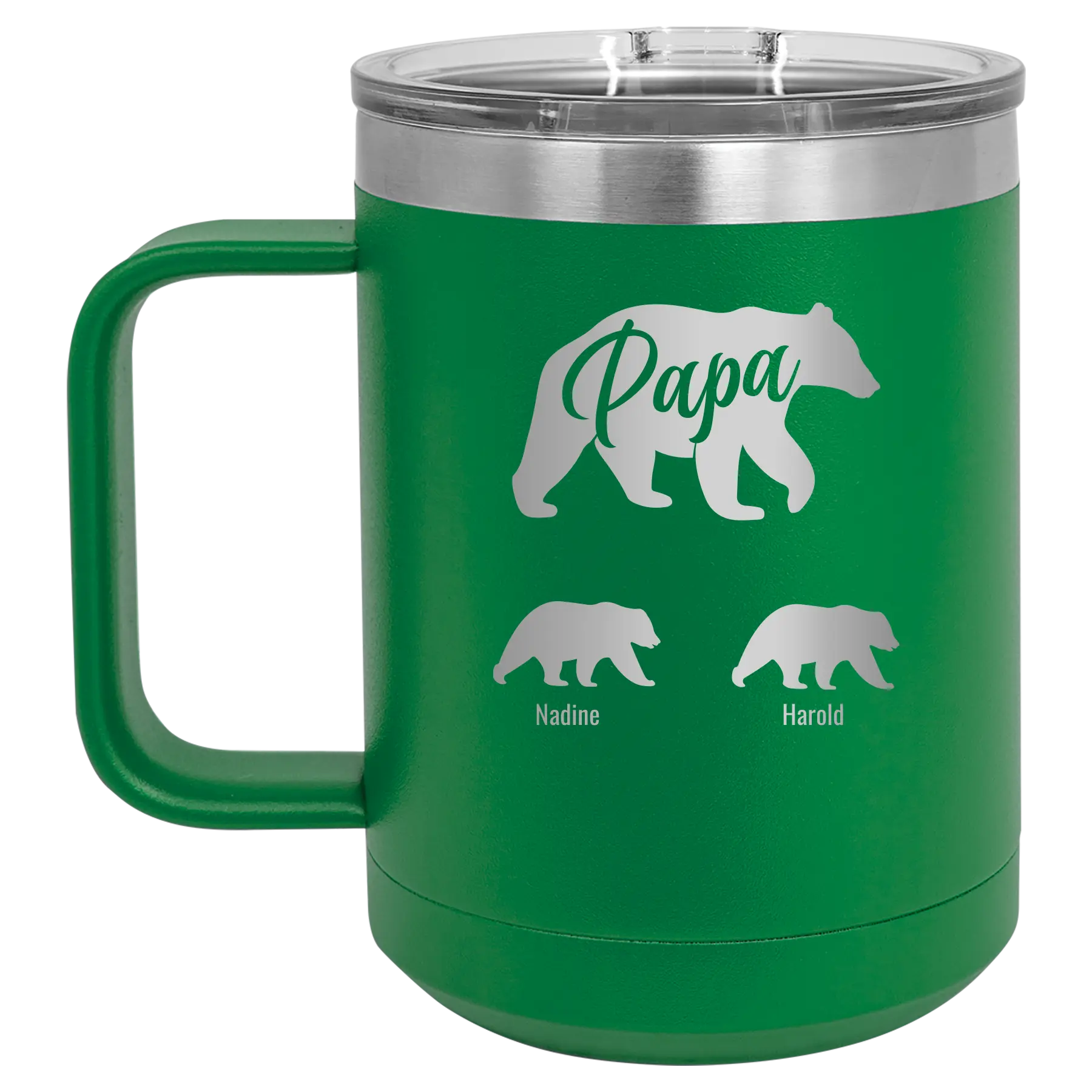 Personalized green 15 oz vacuum insulated coffee mug with 'Papa Bear 2 Baby Bears' design