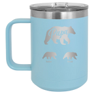 Personalized light blue 15 oz vacuum insulated coffee mug with 'Papa Bear 2 Baby Bears' design