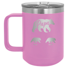 Personalized light purple 15 oz vacuum insulated coffee mug with 'Papa Bear 2 Baby Bears' design
