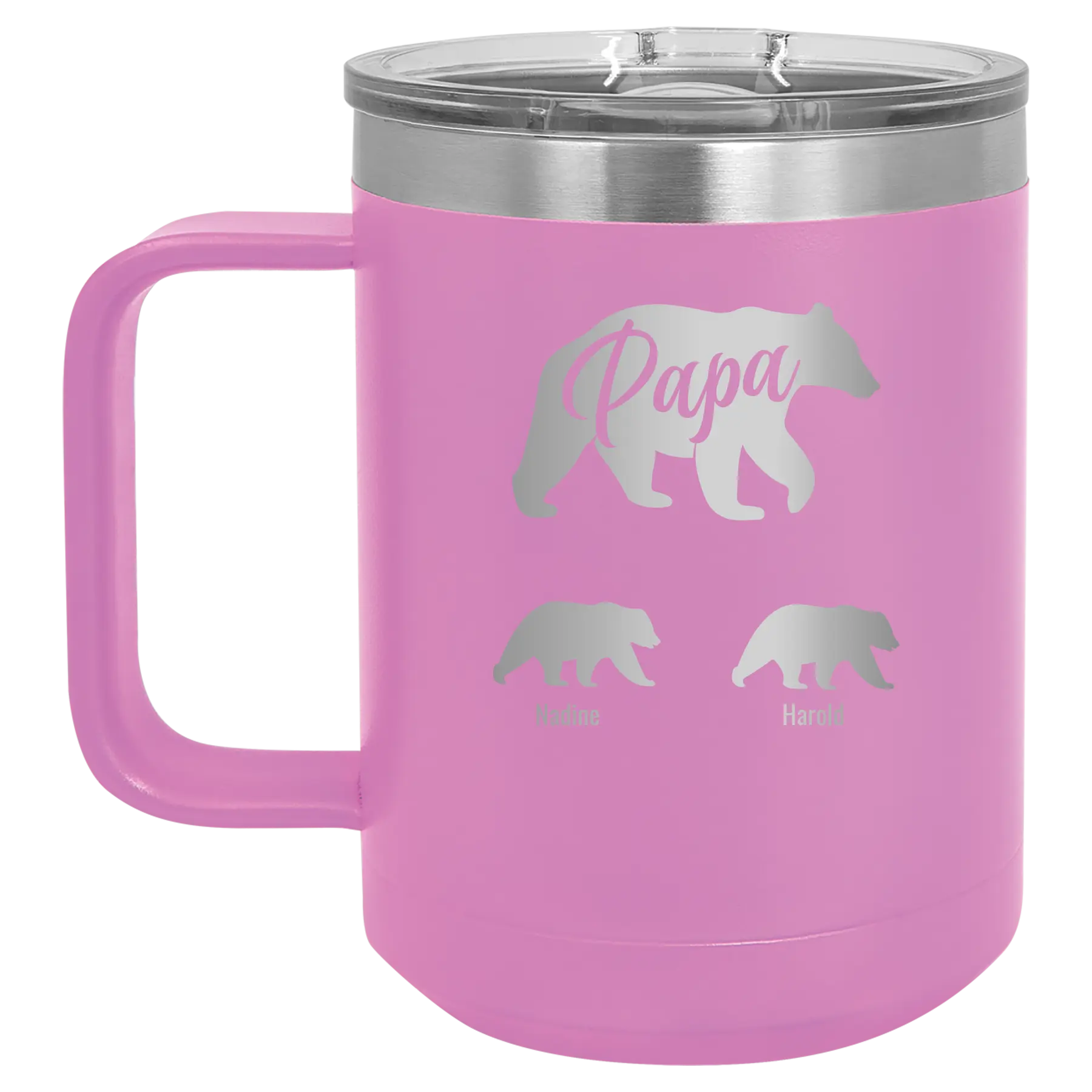 Personalized light purple 15 oz vacuum insulated coffee mug with 'Papa Bear 2 Baby Bears' design