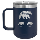 Personalized navy 15 oz vacuum insulated coffee mug with 'Papa Bear 2 Baby Bears' design