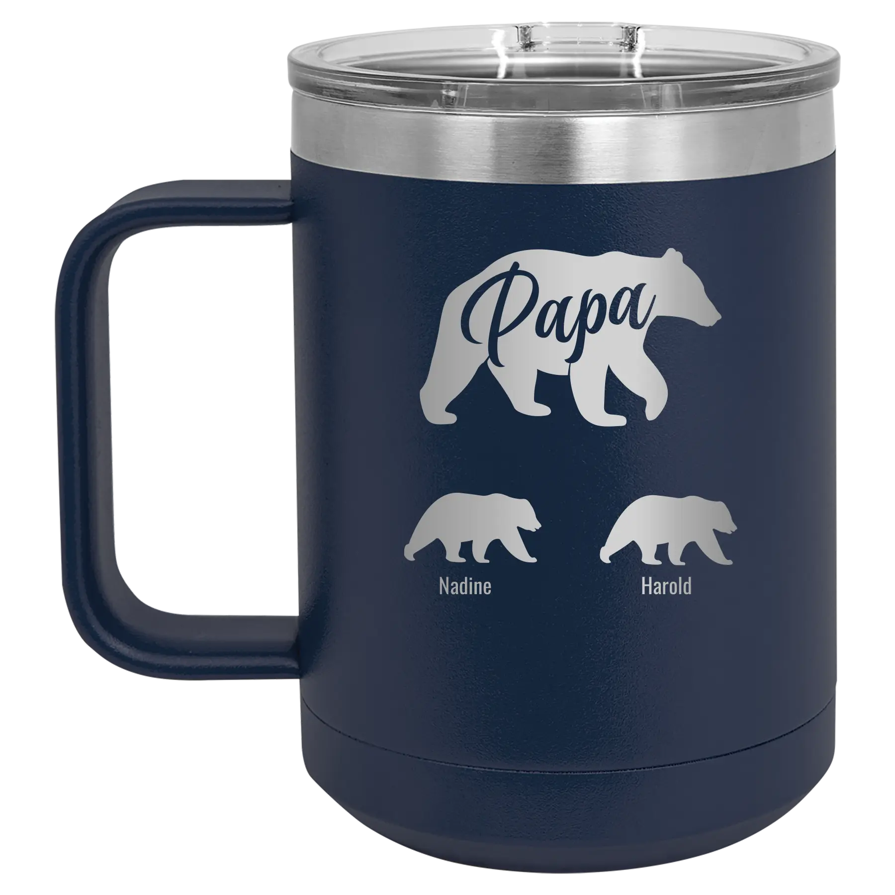 Personalized navy 15 oz vacuum insulated coffee mug with 'Papa Bear 2 Baby Bears' design