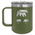 Personalized olive green 15 oz vacuum insulated coffee mug with 'Papa Bear 2 Baby Bears' design