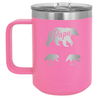 Personalized pink 15 oz vacuum insulated coffee mug with 'Papa Bear 2 Baby Bears' design
