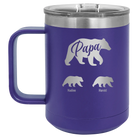 Personalized purple 15 oz vacuum insulated coffee mug with 'Papa Bear 2 Baby Bears' design