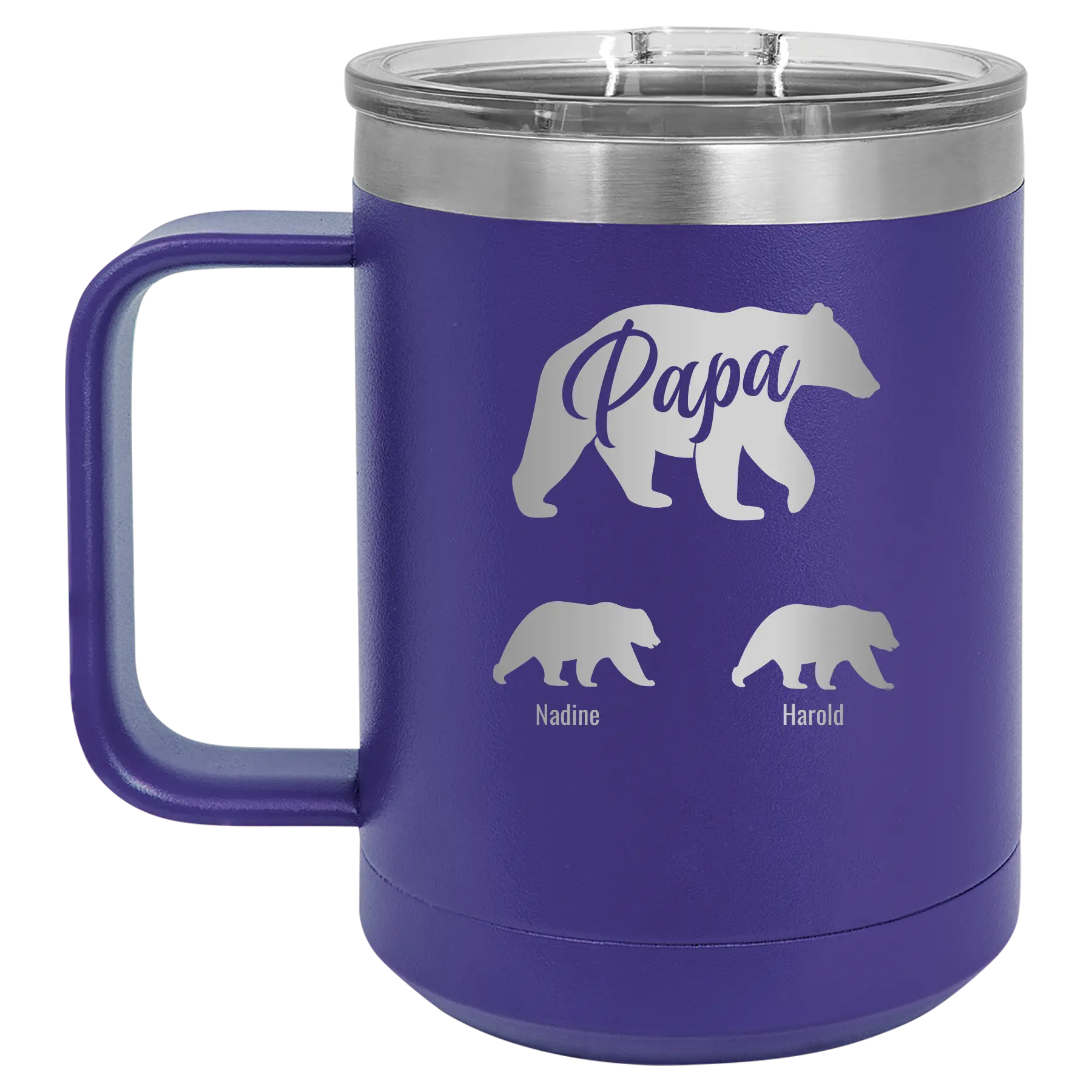 Personalized purple 15 oz vacuum insulated coffee mug with 'Papa Bear 2 Baby Bears' design