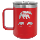 Personalized red 15 oz vacuum insulated coffee mug with 'Papa Bear 2 Baby Bears' design