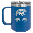 Personalized royal blue 15 oz vacuum insulated coffee mug with 'Papa Bear 2 Baby Bears' design