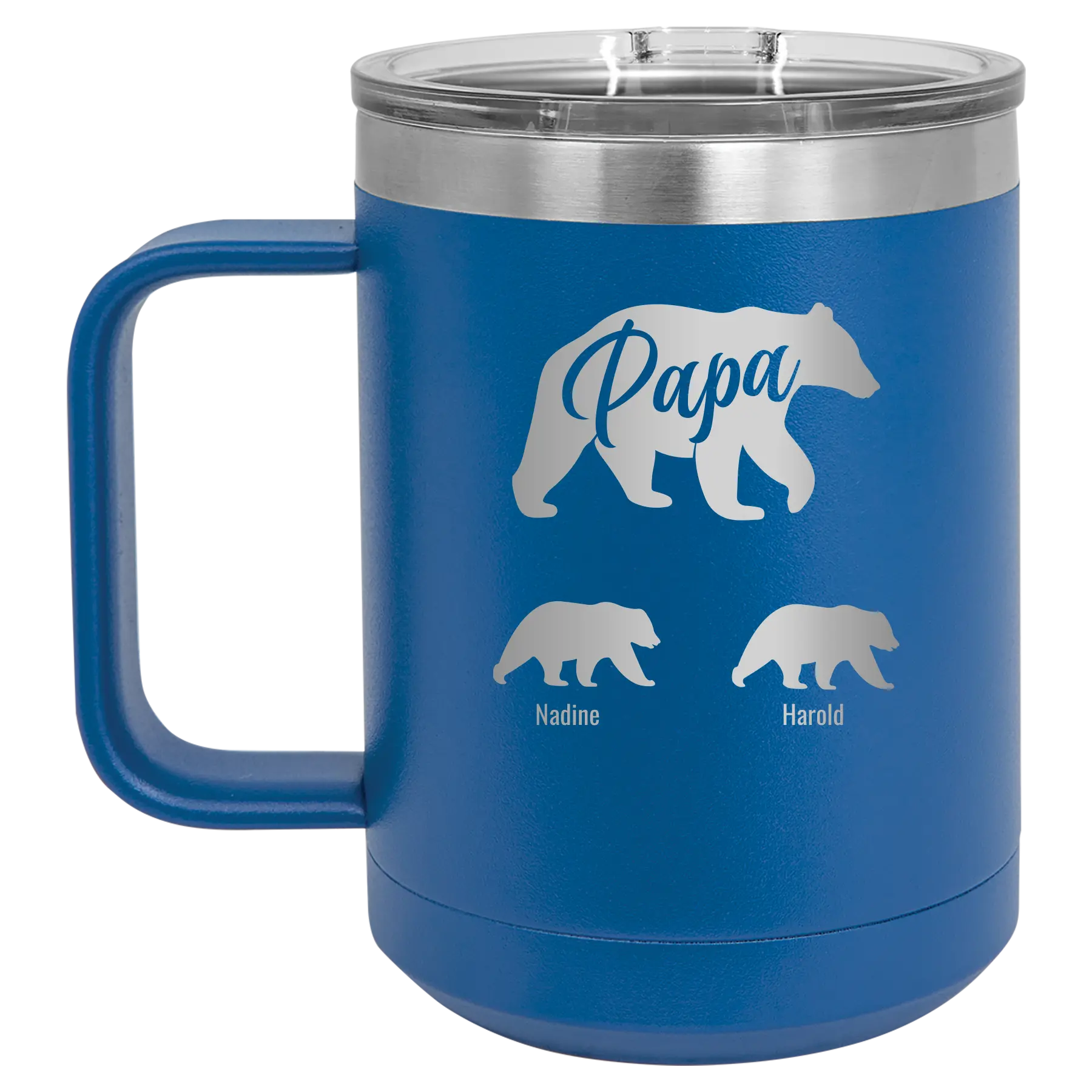 Personalized royal blue 15 oz vacuum insulated coffee mug with 'Papa Bear 2 Baby Bears' design