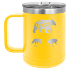 Personalized yellow 15 oz vacuum insulated coffee mug with 'Papa Bear 2 Baby Bears' design