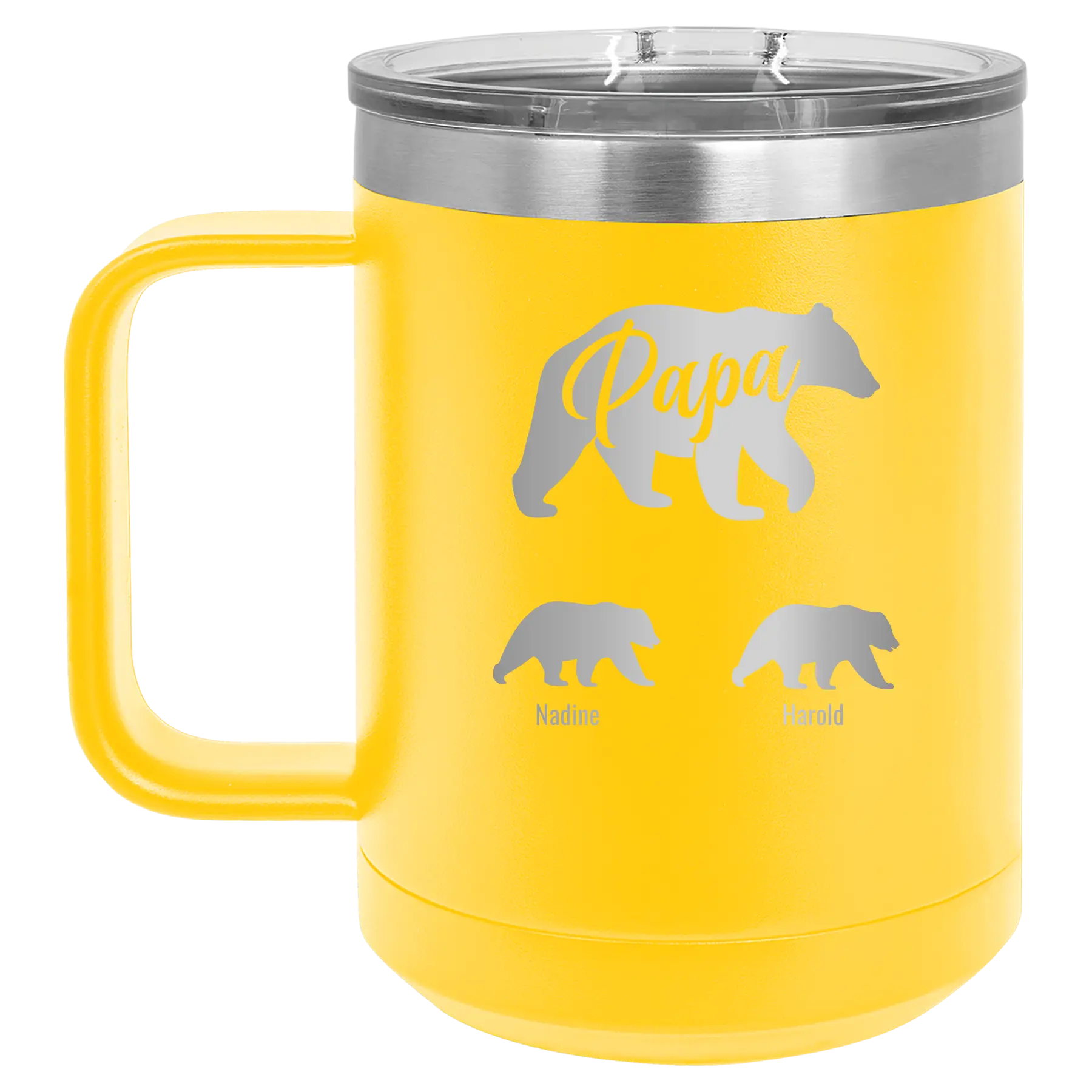 Personalized yellow 15 oz vacuum insulated coffee mug with 'Papa Bear 2 Baby Bears' design