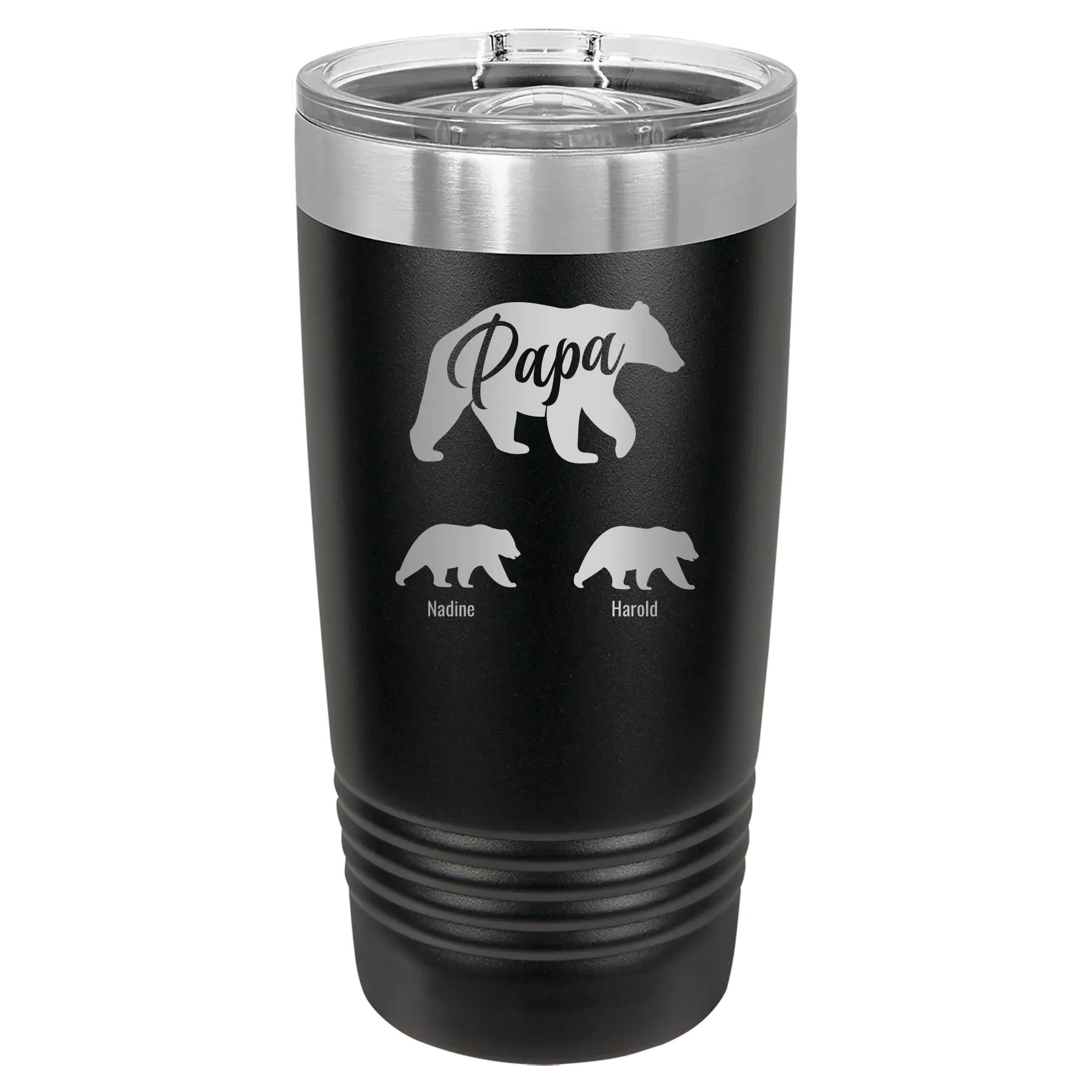 Personalized black 20 oz vacuum insulated tumbler with 'Papa Bear 2 Baby Bears' design