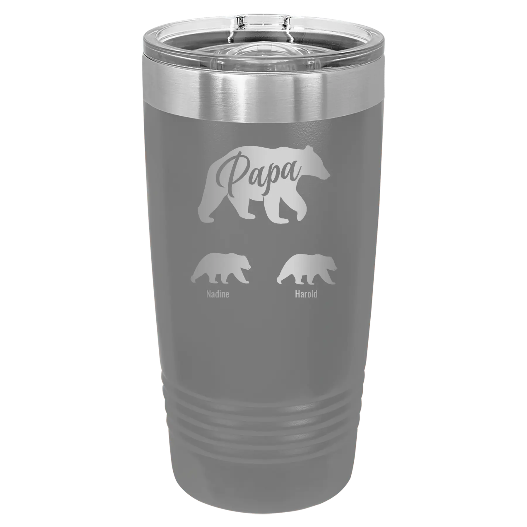 Personalized dark gray 20 oz vacuum insulated tumbler with 'Papa Bear 2 Baby Bears' design