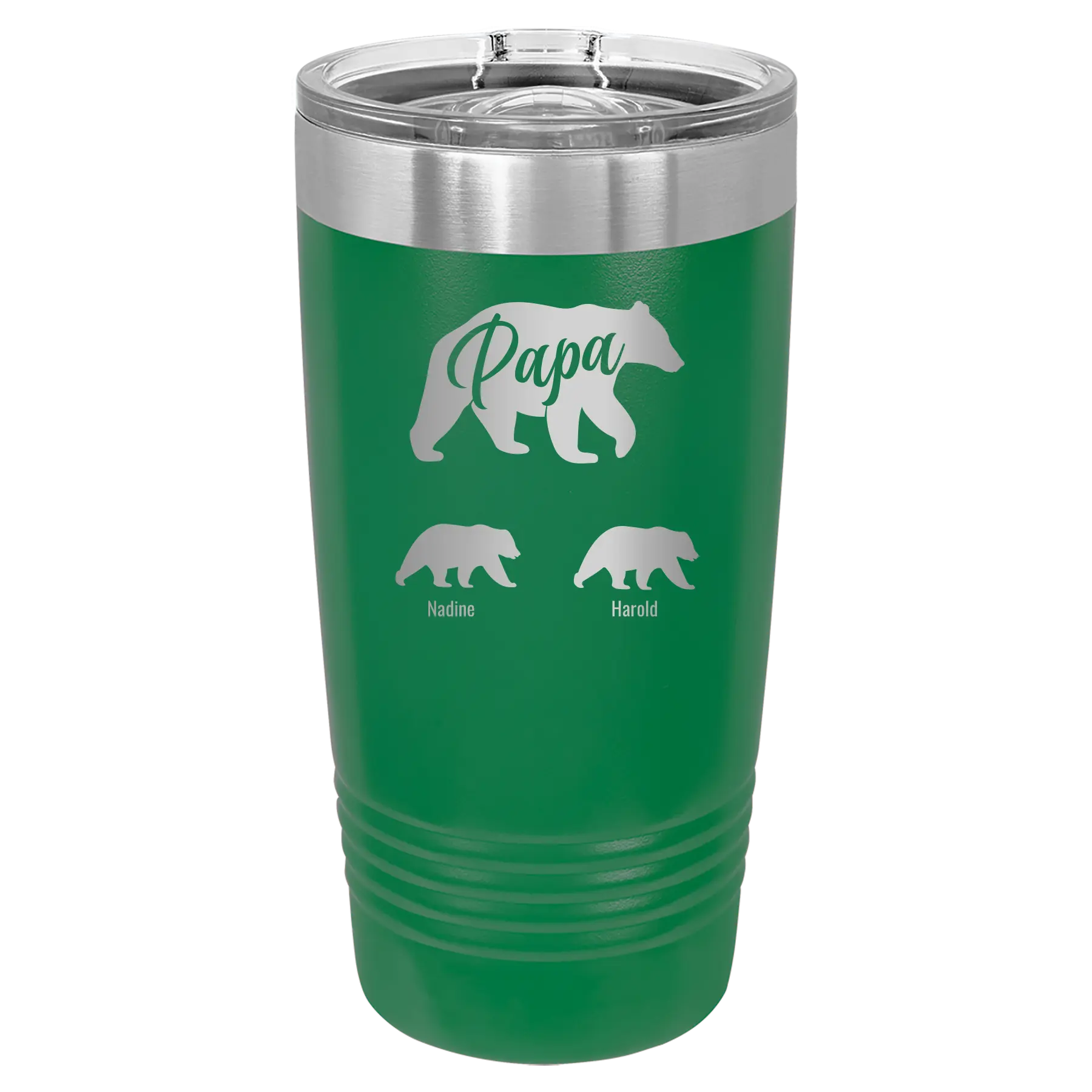 Personalized green 20 oz vacuum insulated tumbler with 'Papa Bear 2 Baby Bears' design