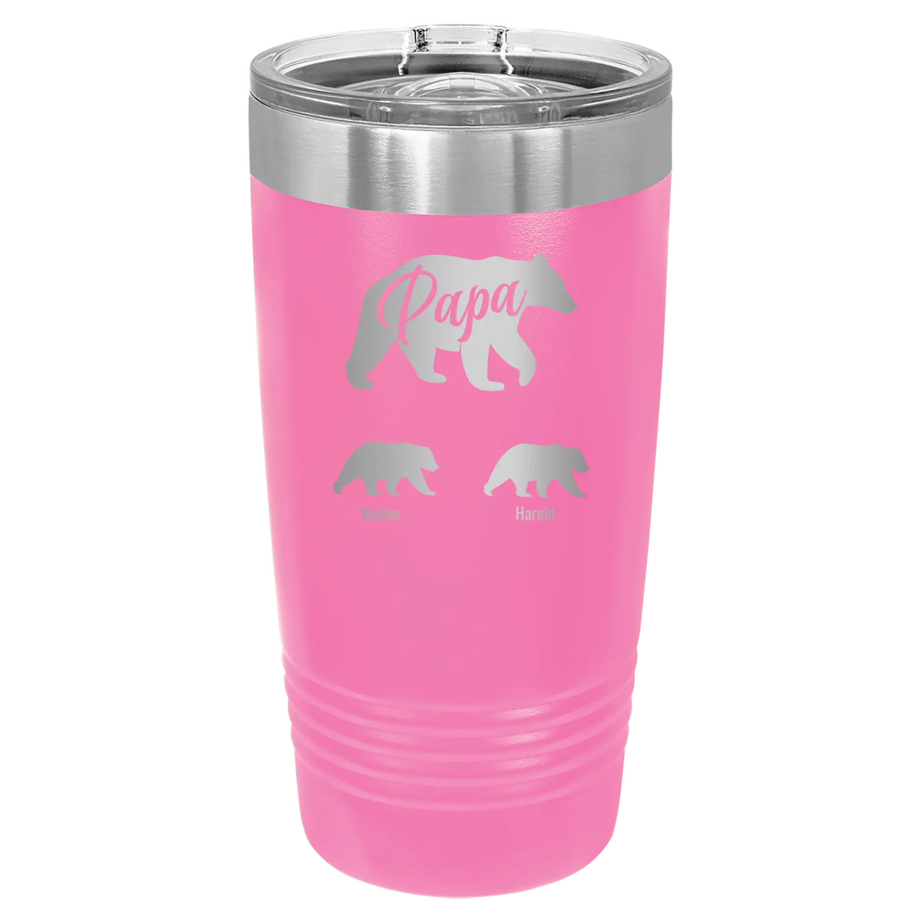 Personalized pink 20 oz vacuum insulated tumbler with 'Papa Bear 2 Baby Bears' design