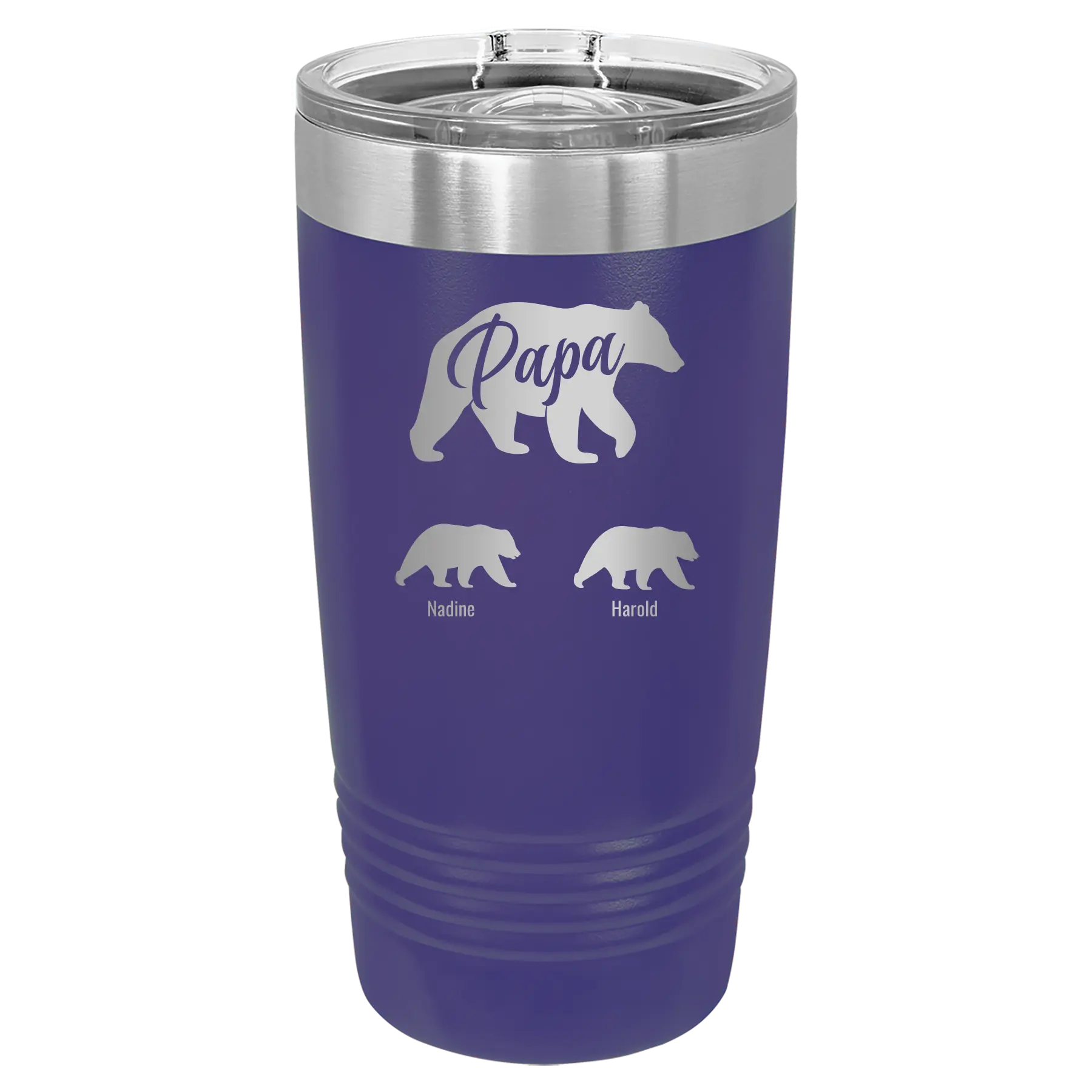 Personalized purple 20 oz vacuum insulated tumbler with 'Papa Bear 2 Baby Bears' design