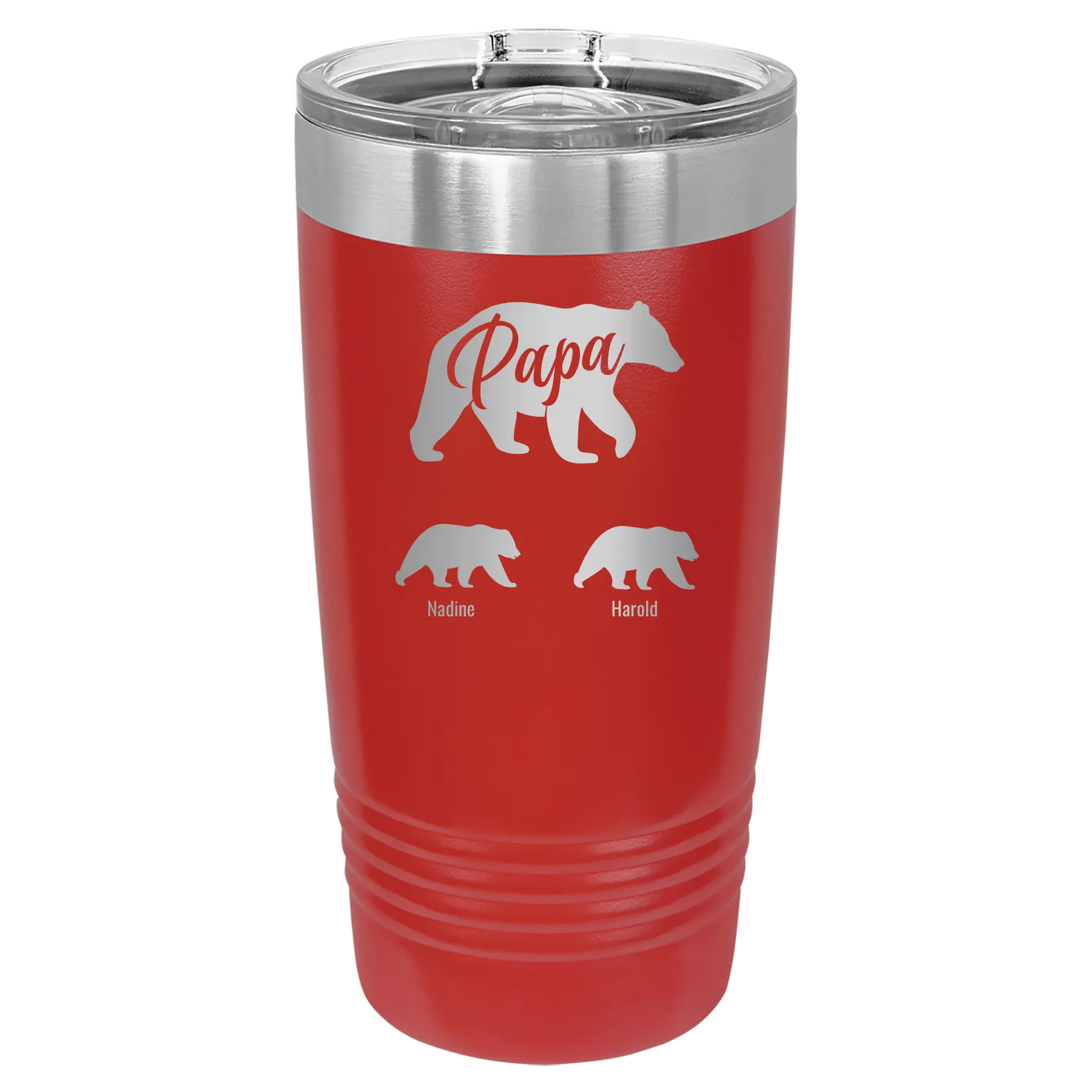 Personalized red 20 oz vacuum insulated tumbler with 'Papa Bear 2 Baby Bears' design