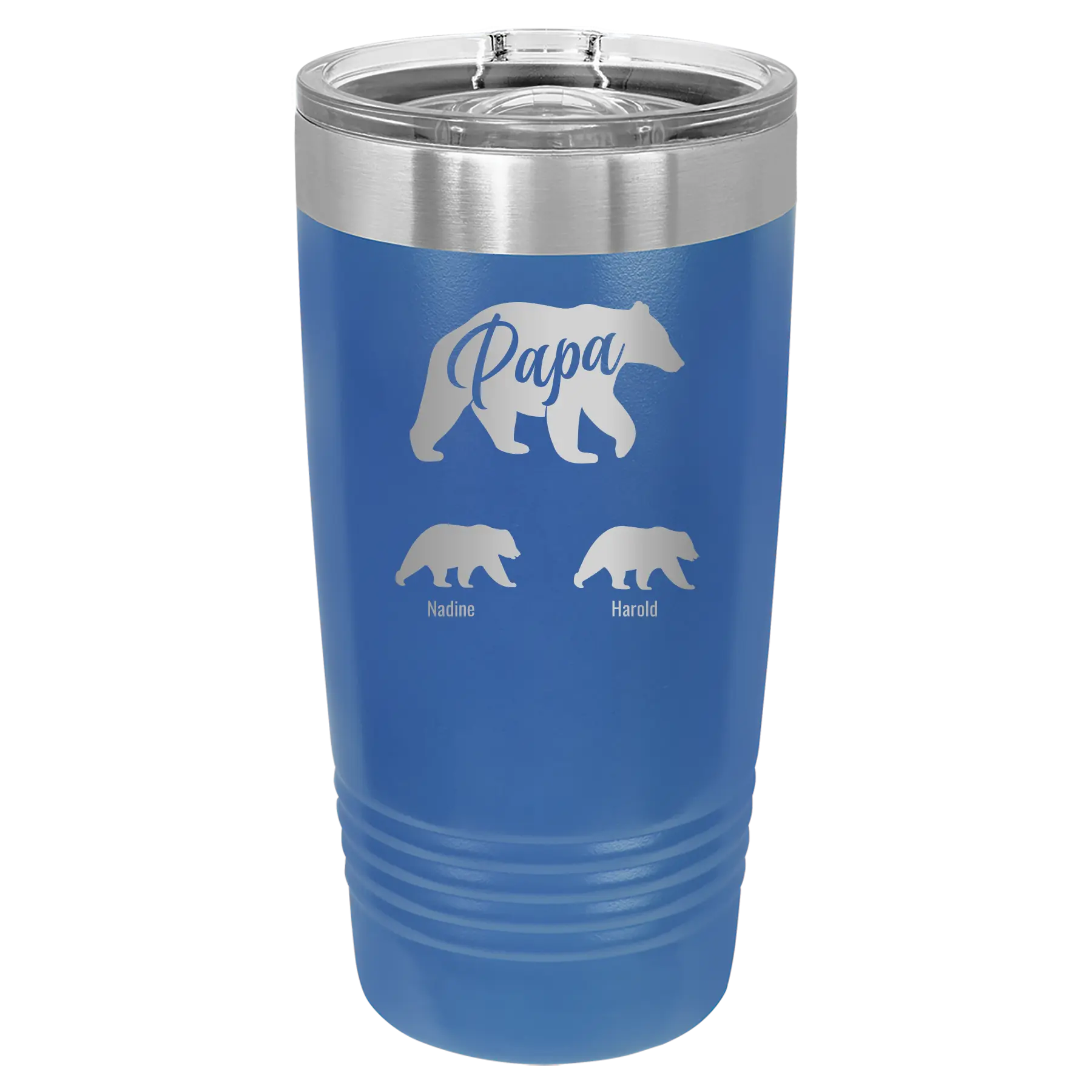 Personalized royal blue 20 oz vacuum insulated tumbler with 'Papa Bear 2 Baby Bears' design