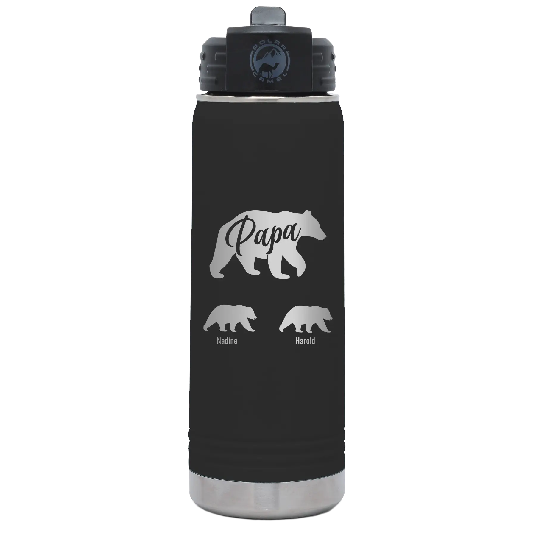 Personalized black 20 oz vacuum insulated water bottle with 'Papa Bear 2 Baby Bears' design