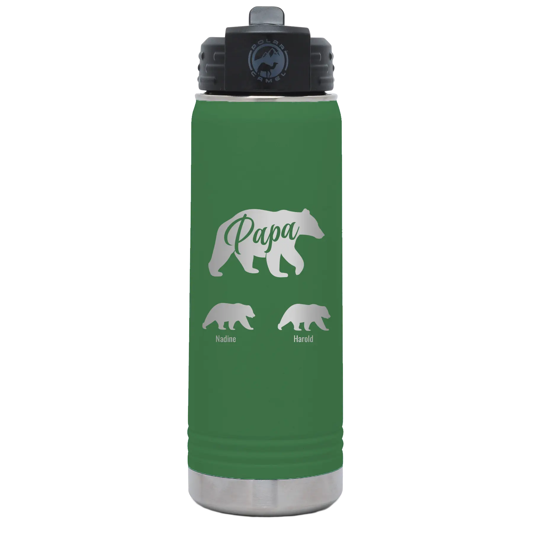 Personalized green 20 oz vacuum insulated water bottle with 'Papa Bear 2 Baby Bears' design