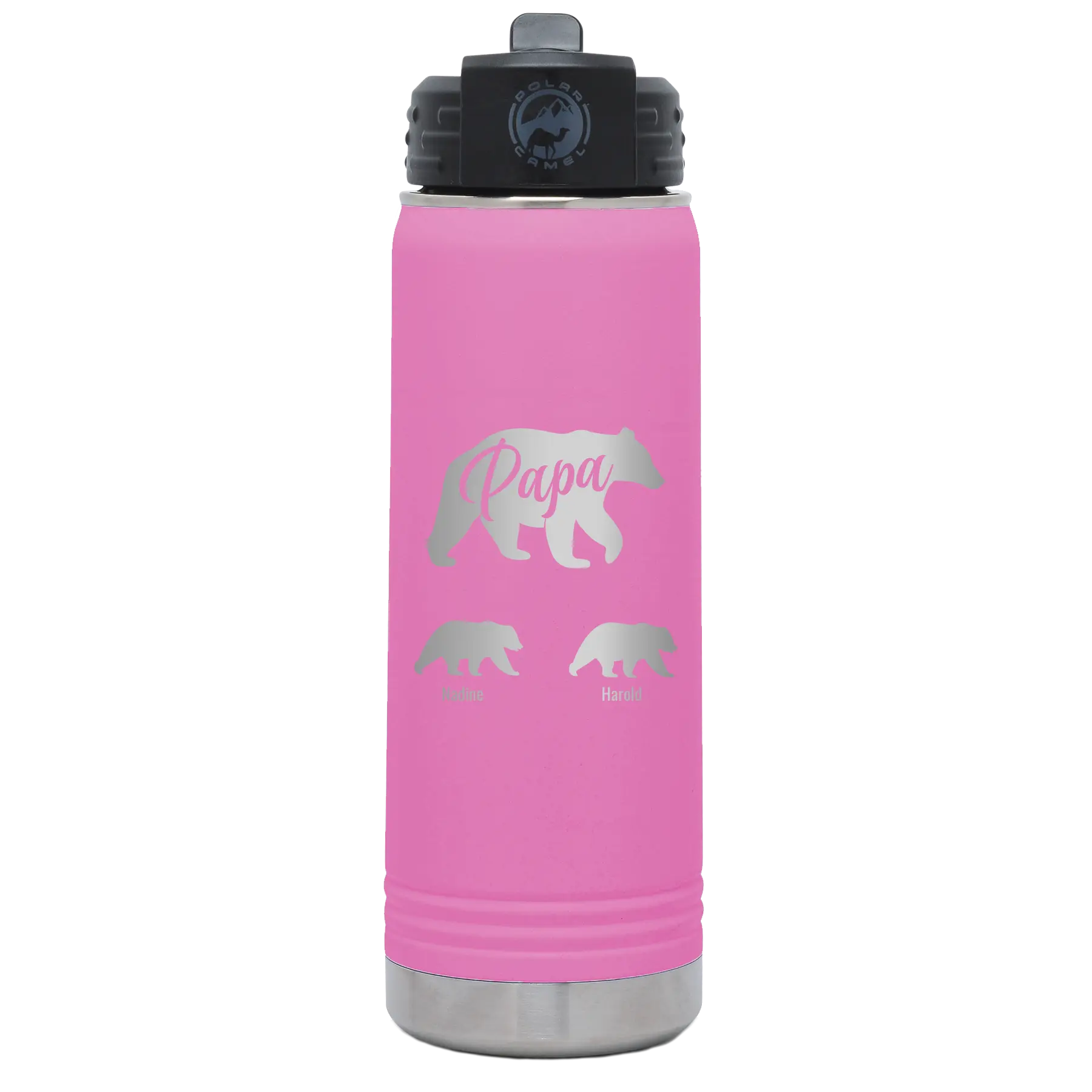 Personalized light purple 20 oz vacuum insulated water bottle with 'Papa Bear 2 Baby Bears' design