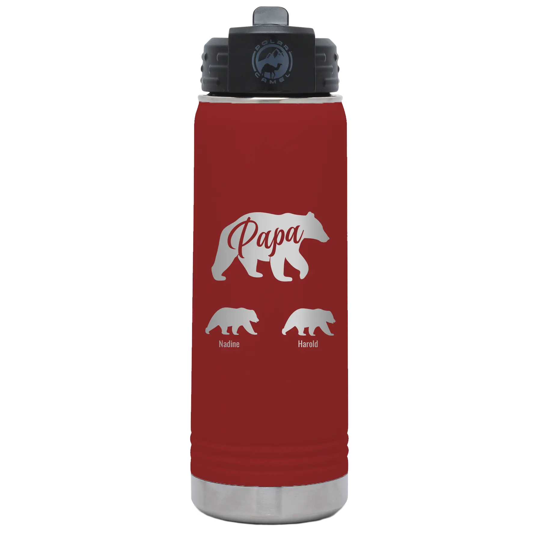 Personalized maroon 20 oz vacuum insulated water bottle with 'Papa Bear 2 Baby Bears' design