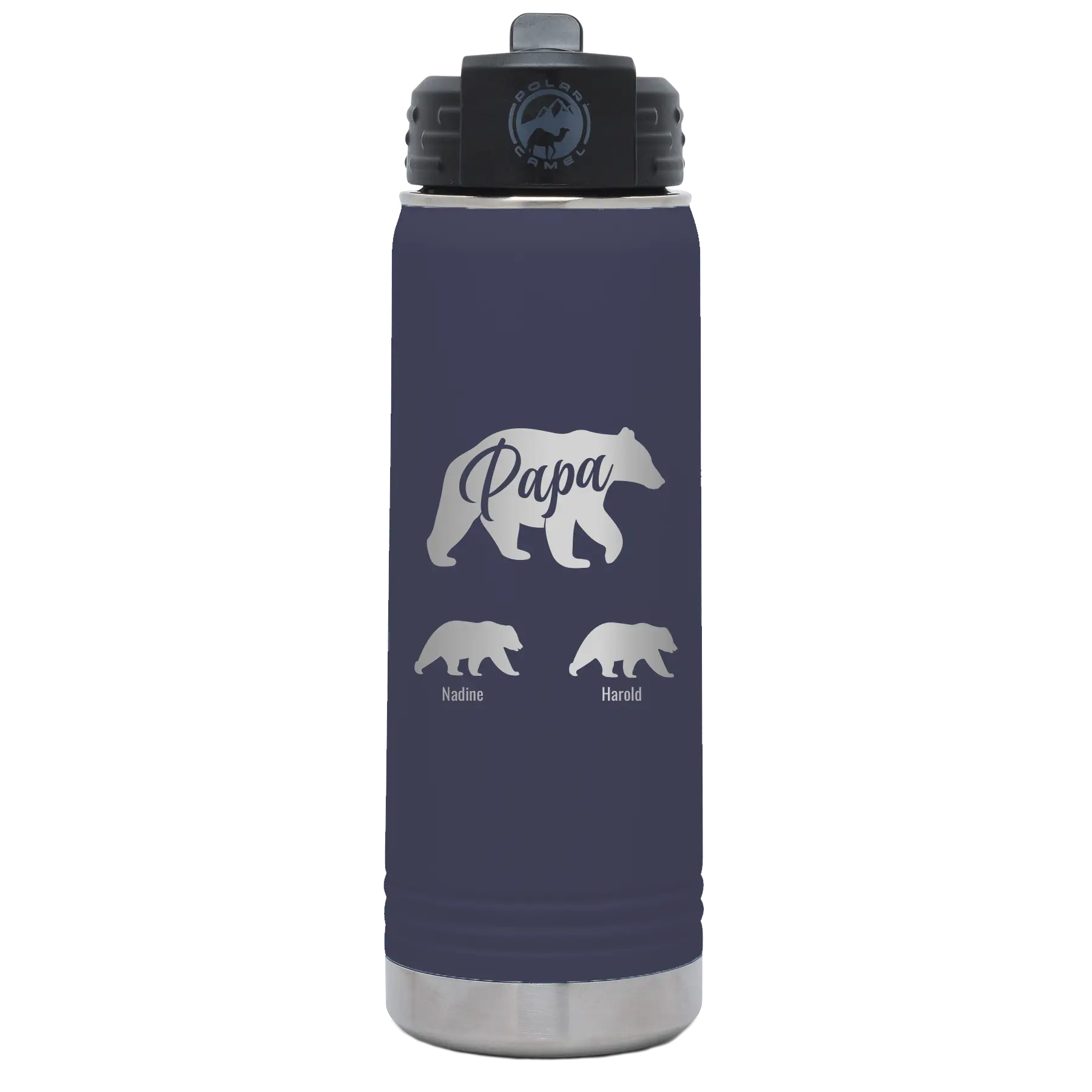Personalized navy 20 oz vacuum insulated water bottle with 'Papa Bear 2 Baby Bears' design