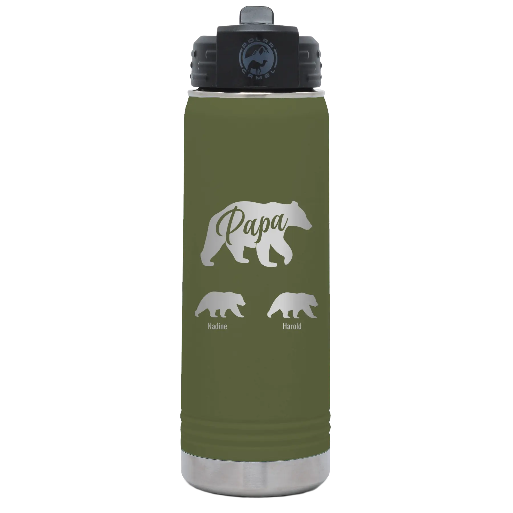 Personalized olive green 20 oz vacuum insulated water bottle with 'Papa Bear 2 Baby Bears' design