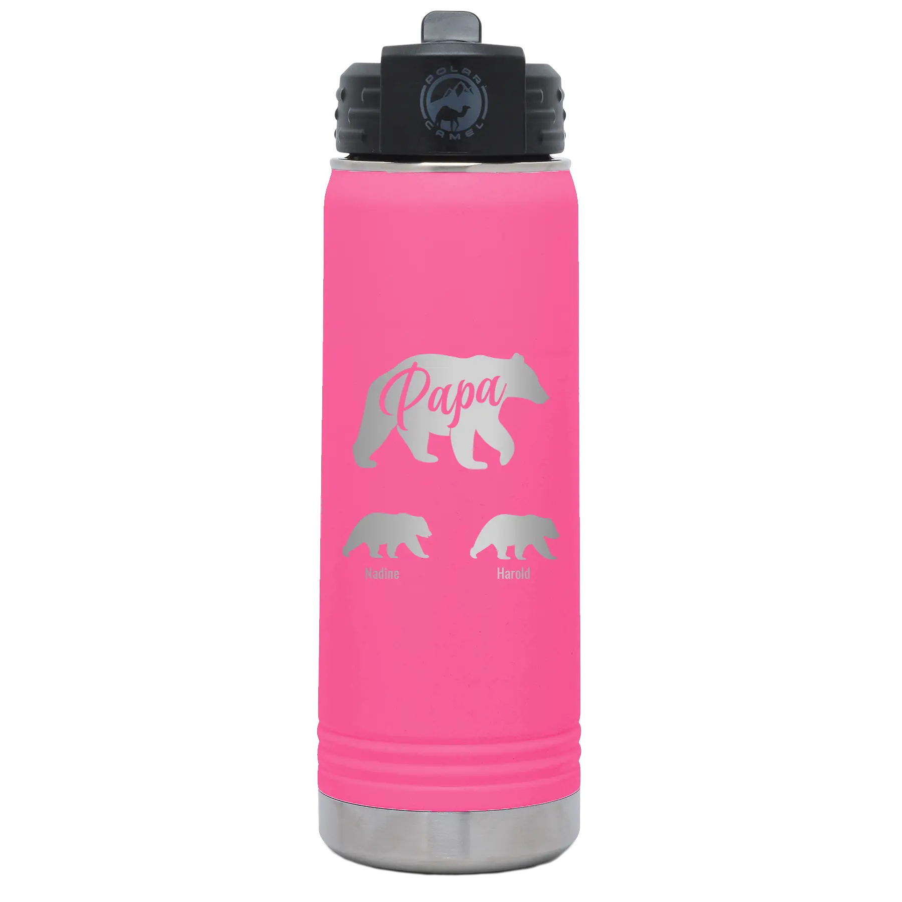 Personalized pink 20 oz vacuum insulated water bottle with 'Papa Bear 2 Baby Bears' design