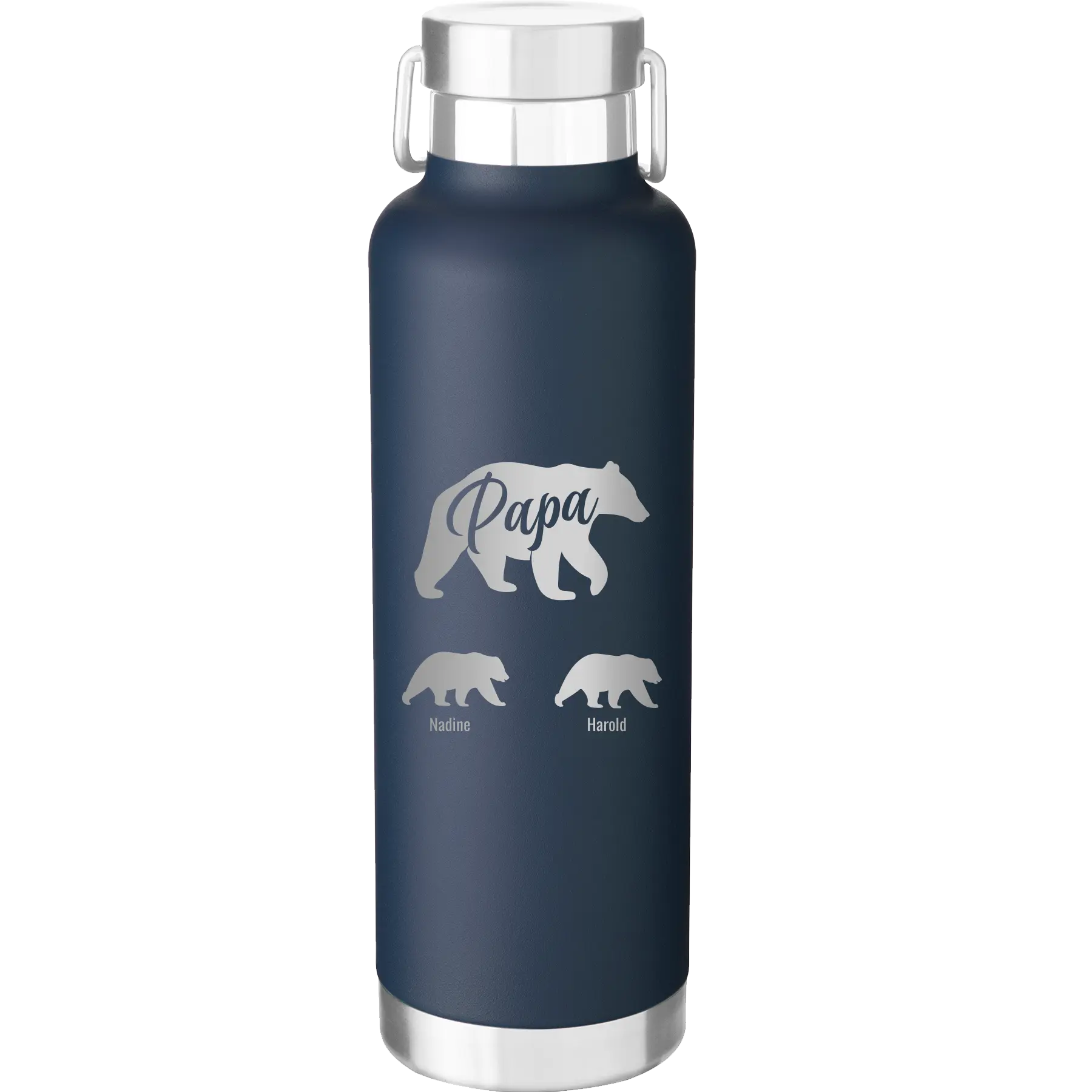 Personalized navy 24 oz vacuum insulated water bottle with 'Papa Bear 2 Baby Bears' design