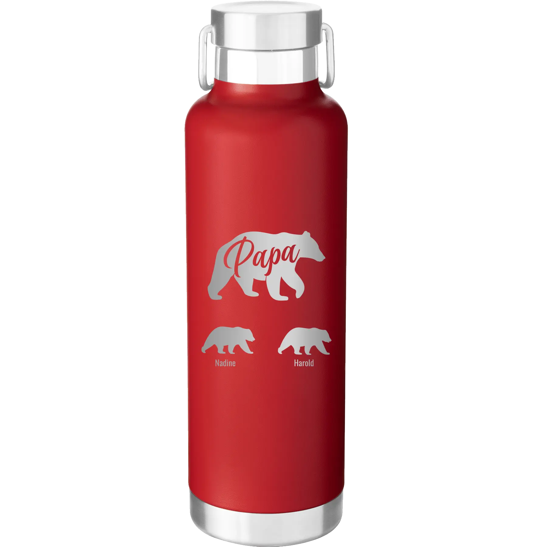 Personalized red 24 oz vacuum insulated water bottle with 'Papa Bear 2 Baby Bears' design