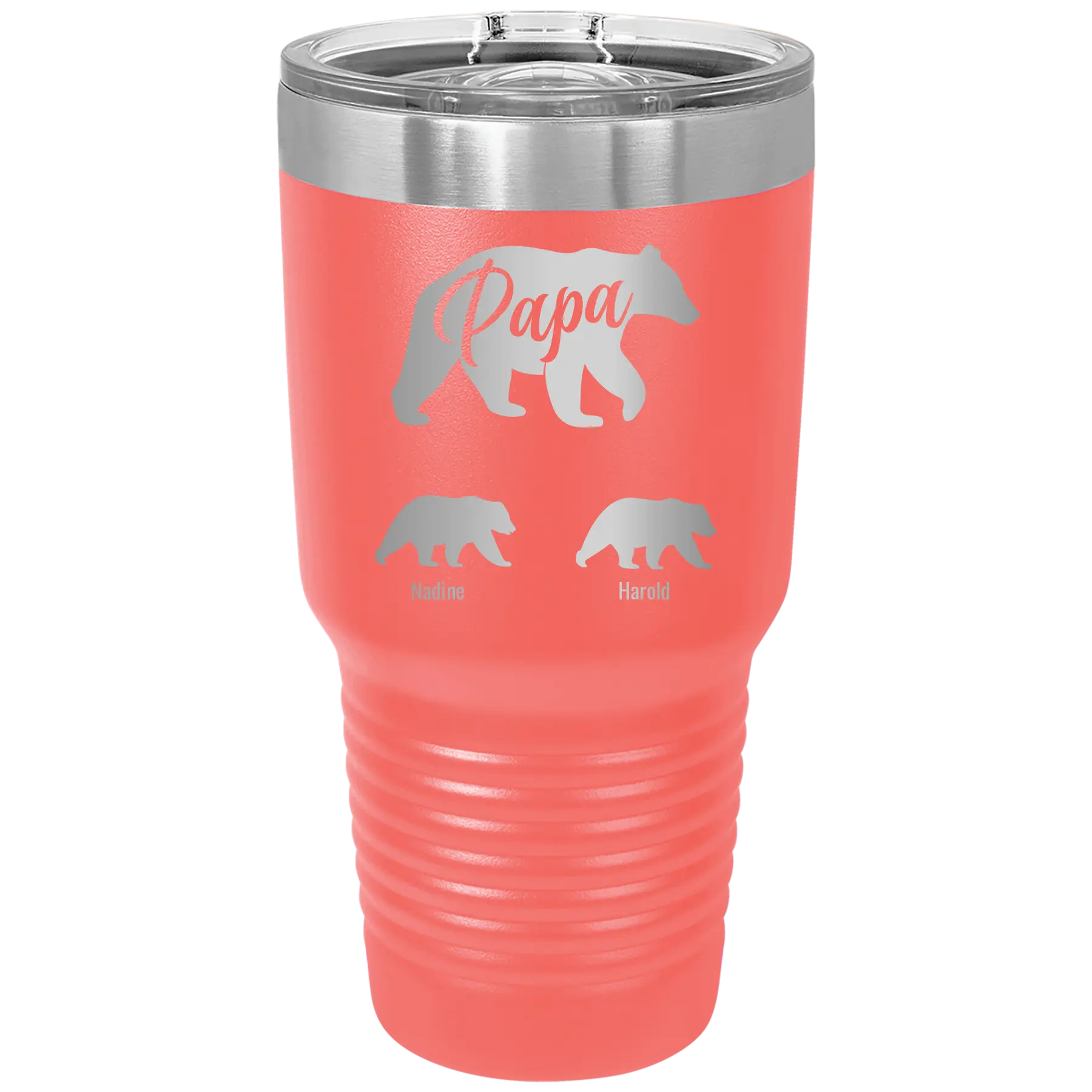 Personalized coral 30 oz vacuum insulated tumbler with 'Papa Bear 2 Baby Bears' design