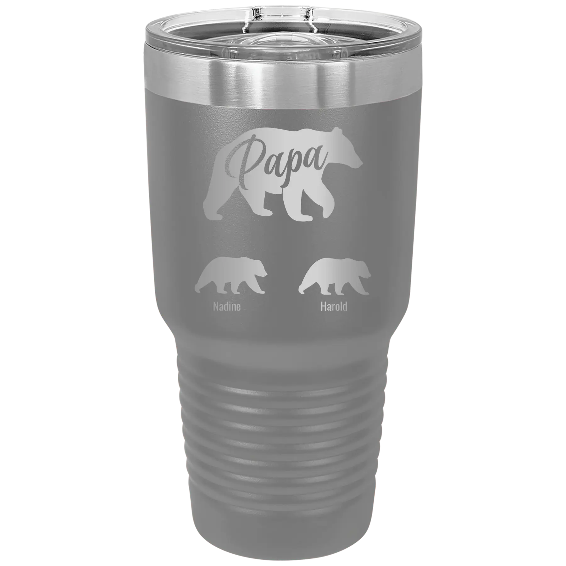 Personalized dark gray 30 oz vacuum insulated tumbler with 'Papa Bear 2 Baby Bears' design