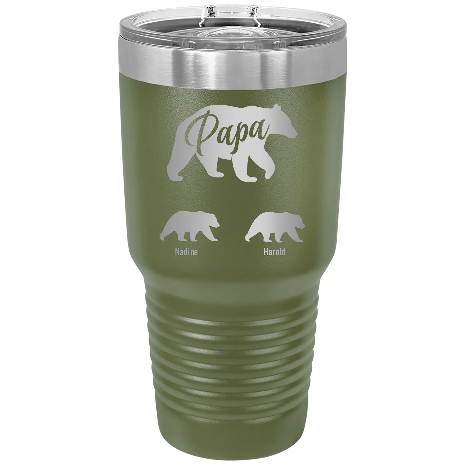 Personalized olive green 30 oz vacuum insulated tumbler with 'Papa Bear 2 Baby Bears' design
