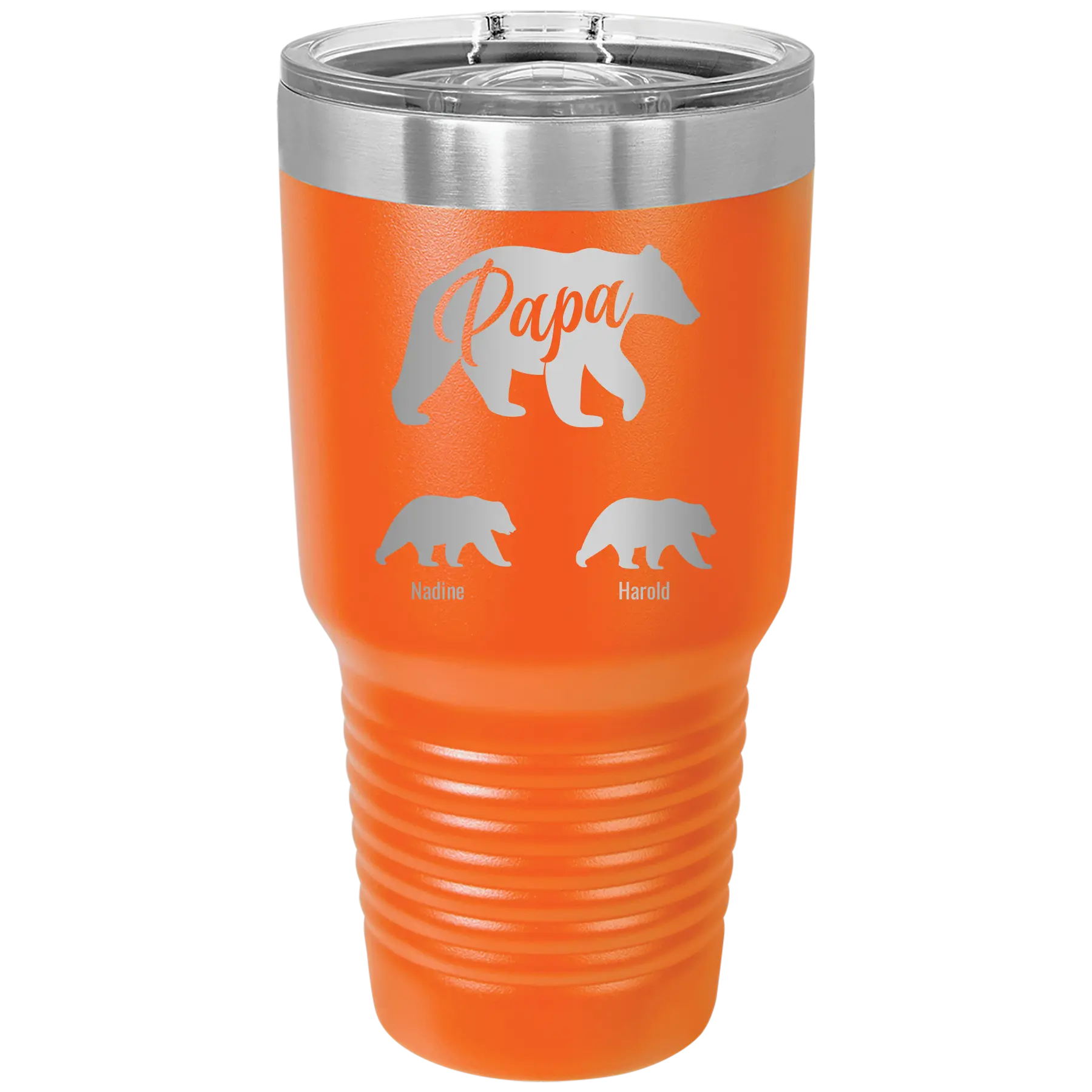 Personalized orange 30 oz vacuum insulated tumbler with 'Papa Bear 2 Baby Bears' design