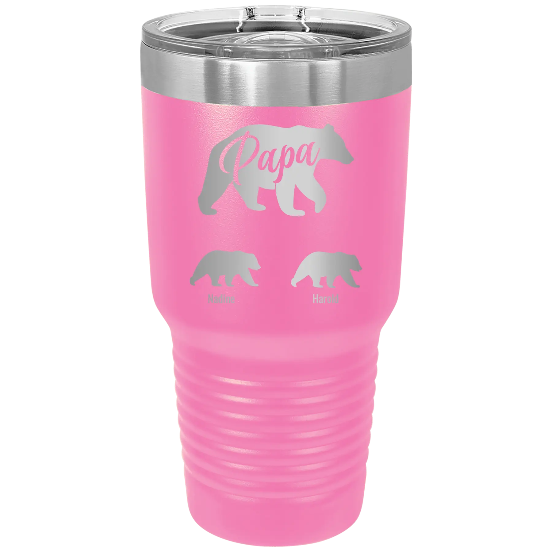 Personalized pink 30 oz vacuum insulated tumbler with 'Papa Bear 2 Baby Bears' design