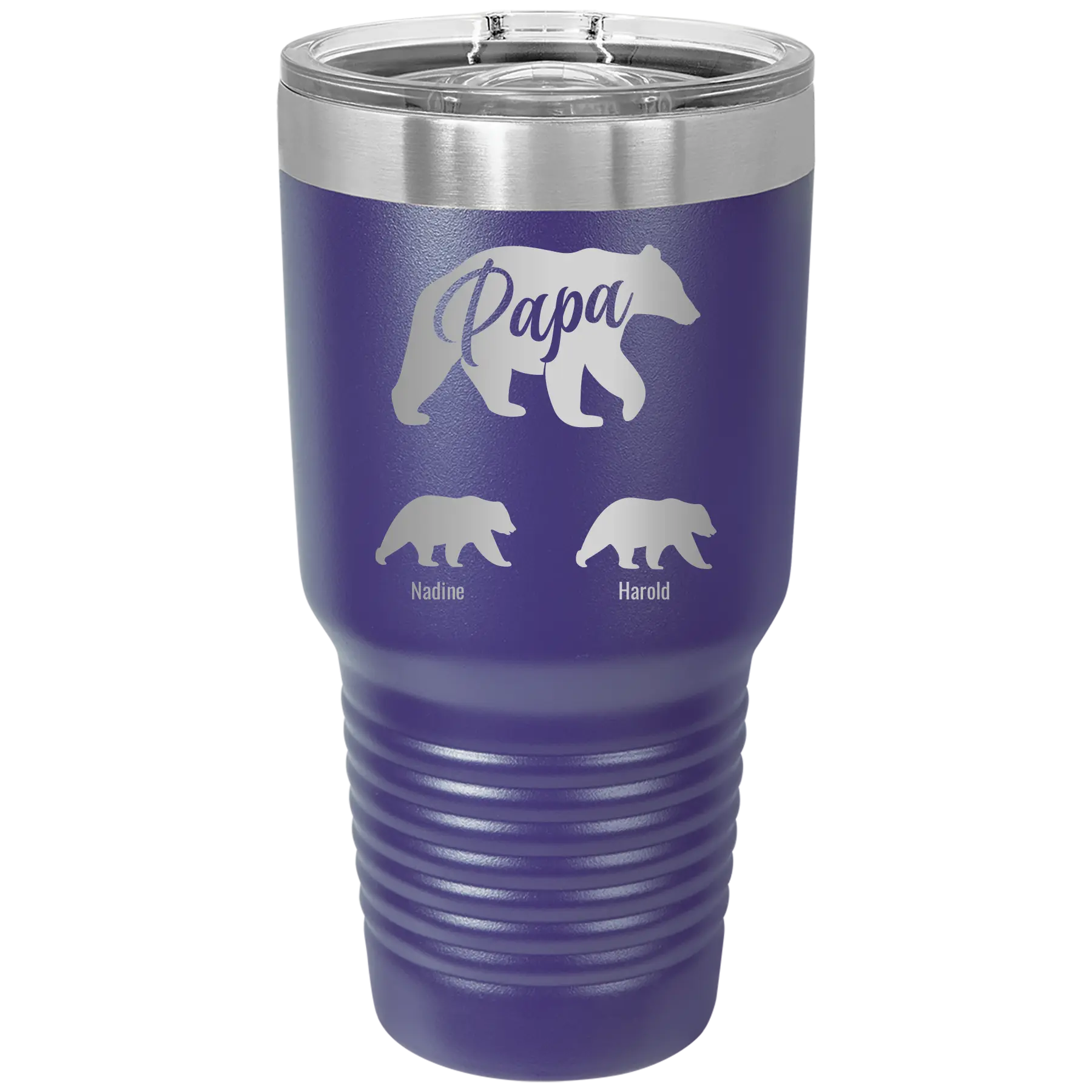 Personalized purple 30 oz vacuum insulated tumbler with 'Papa Bear 2 Baby Bears' design