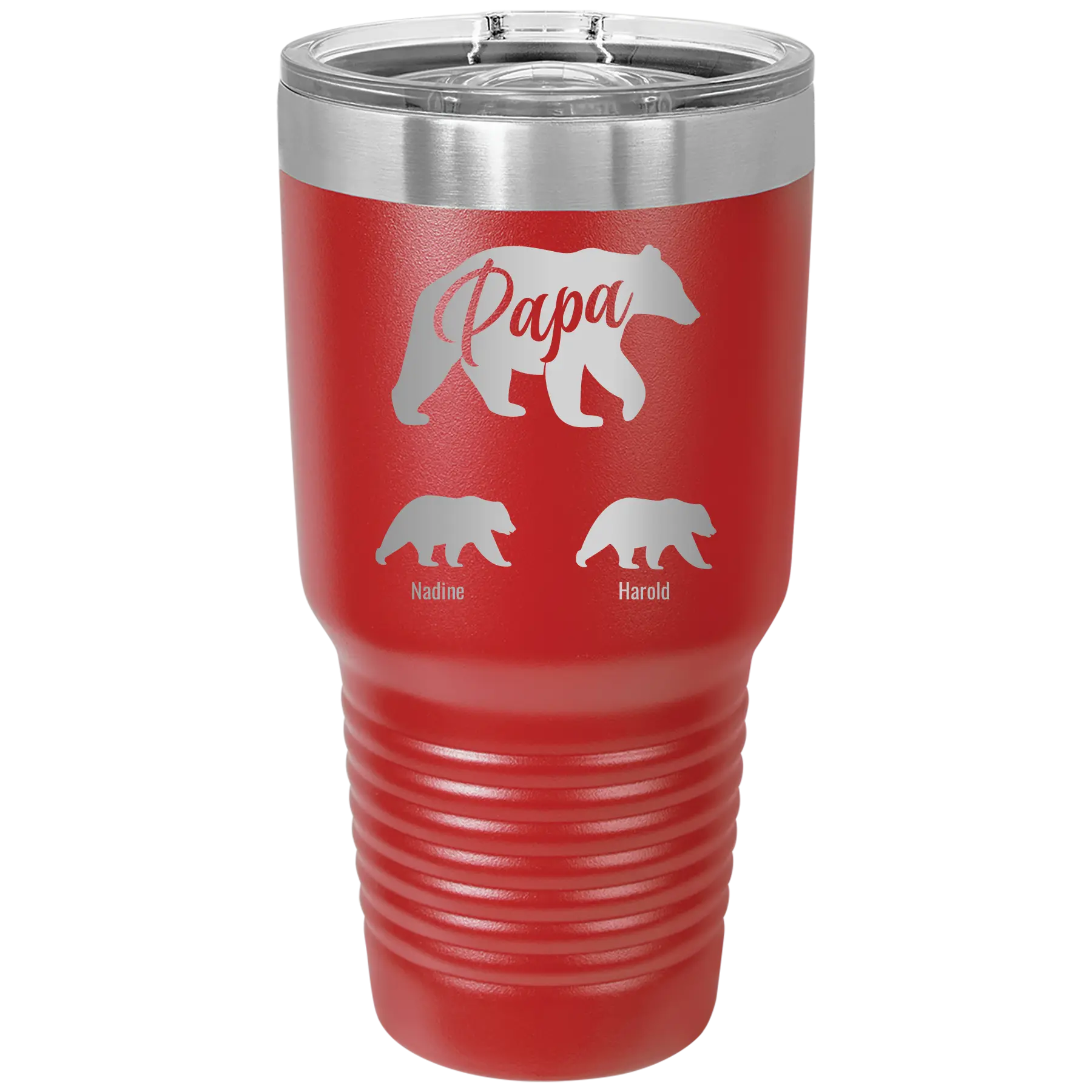 Personalized red 30 oz vacuum insulated tumbler with 'Papa Bear 2 Baby Bears' design