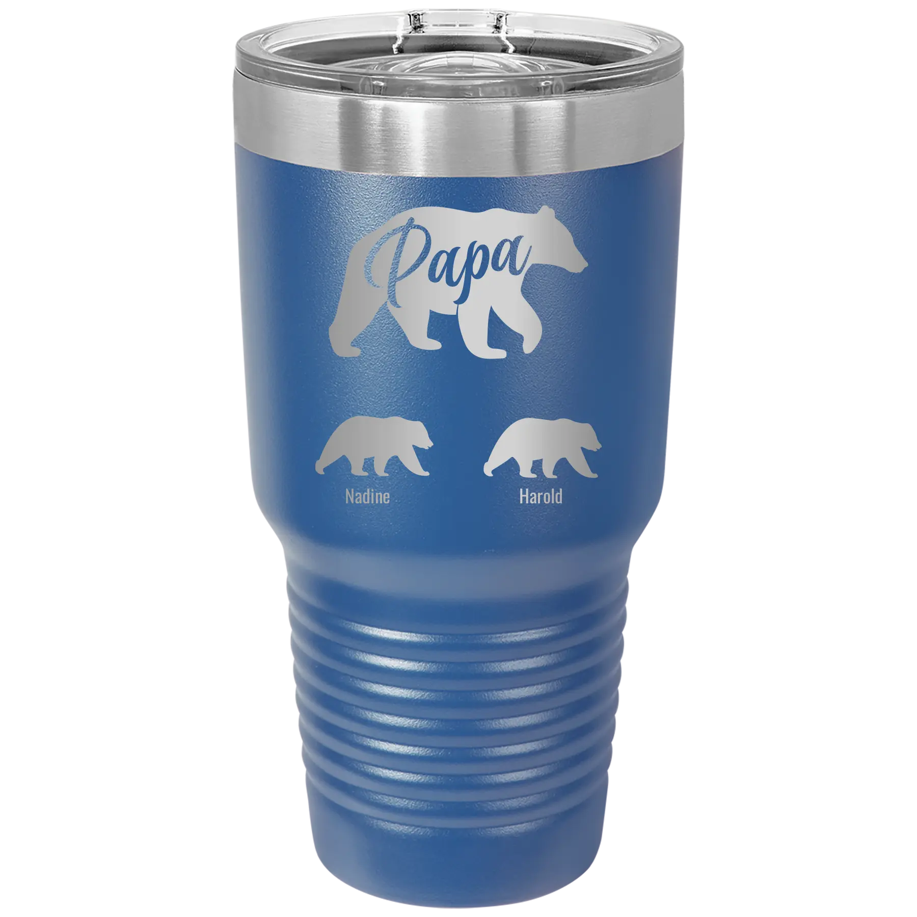 Personalized royal blue 30 oz vacuum insulated tumbler with 'Papa Bear 2 Baby Bears' design